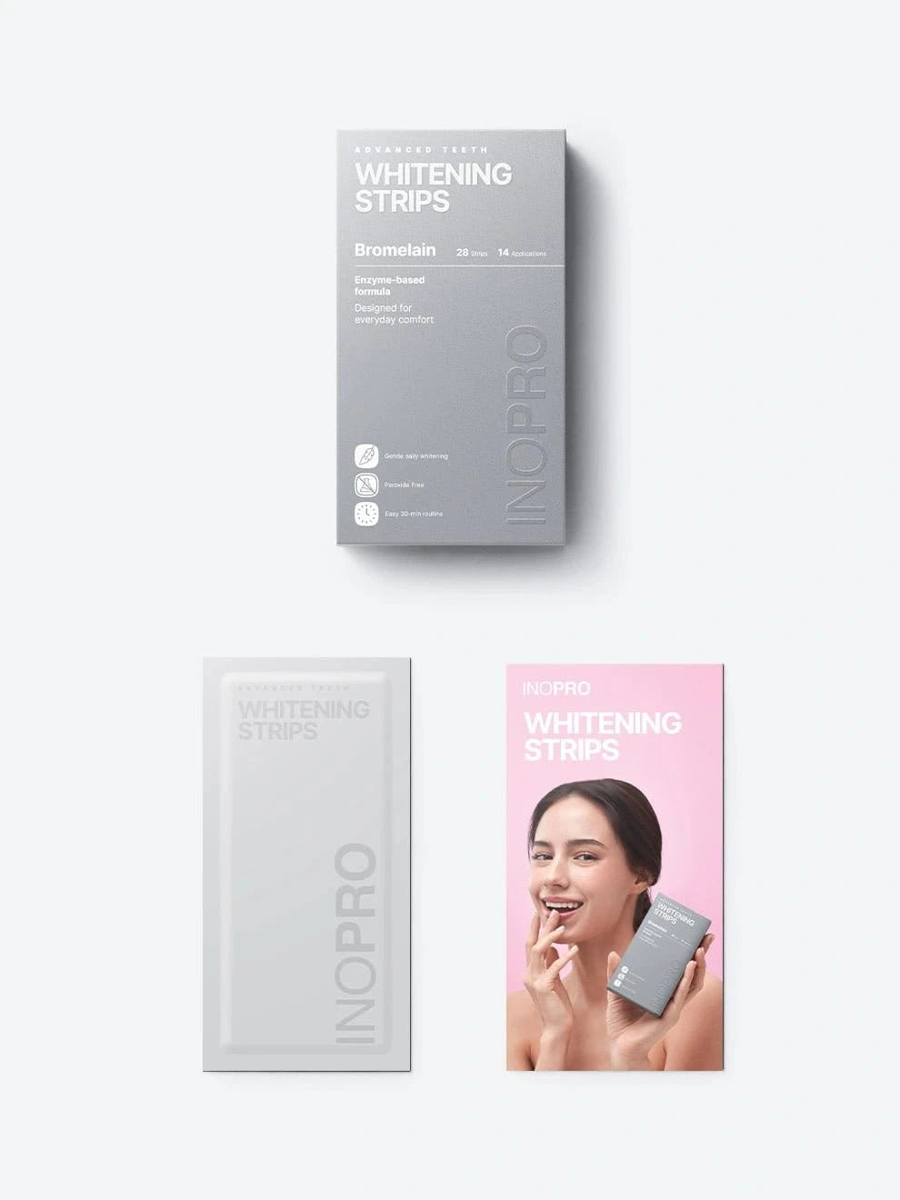 INOPRO Advanced Whitening Strips silver box shown with a single strip pouch and pink insert card