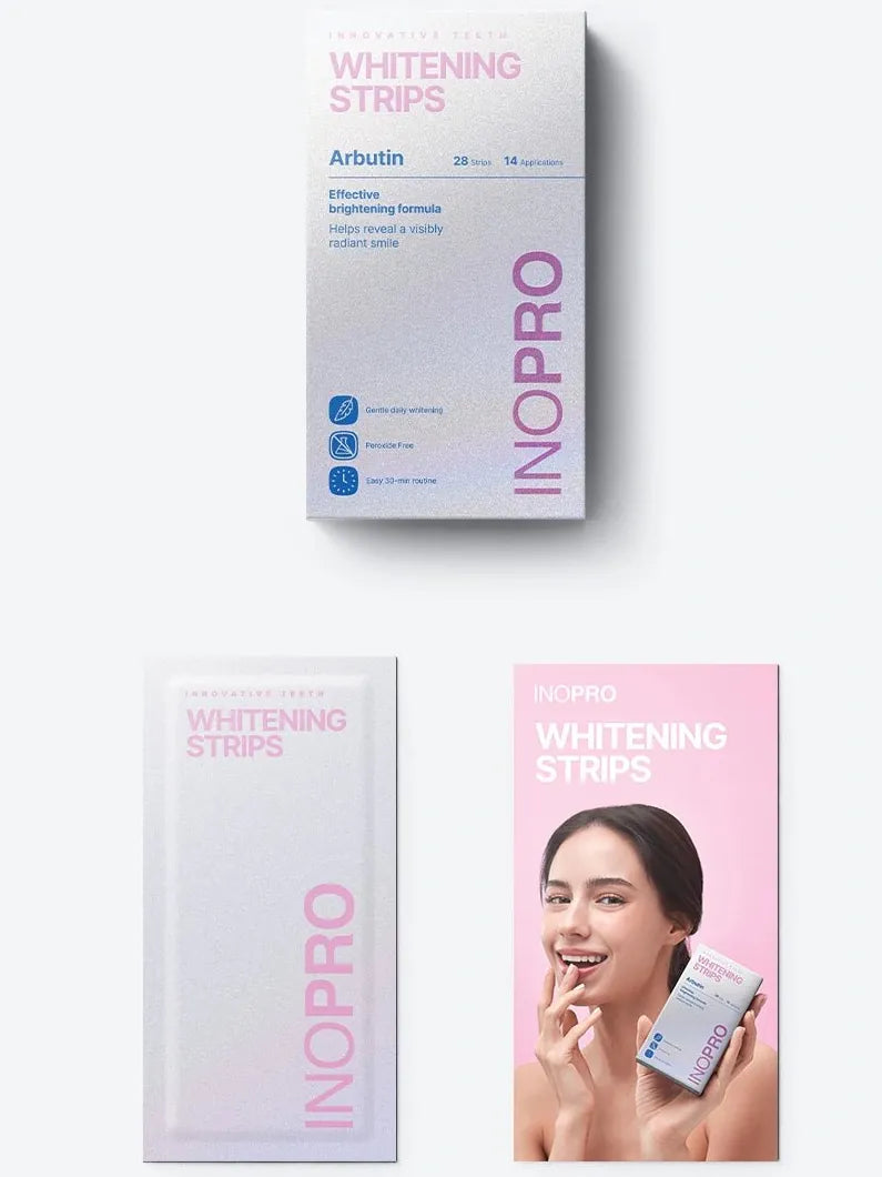 INOPRO Innovative Whitening Strips iridescent box shown with a single strip pouch and pink insert card