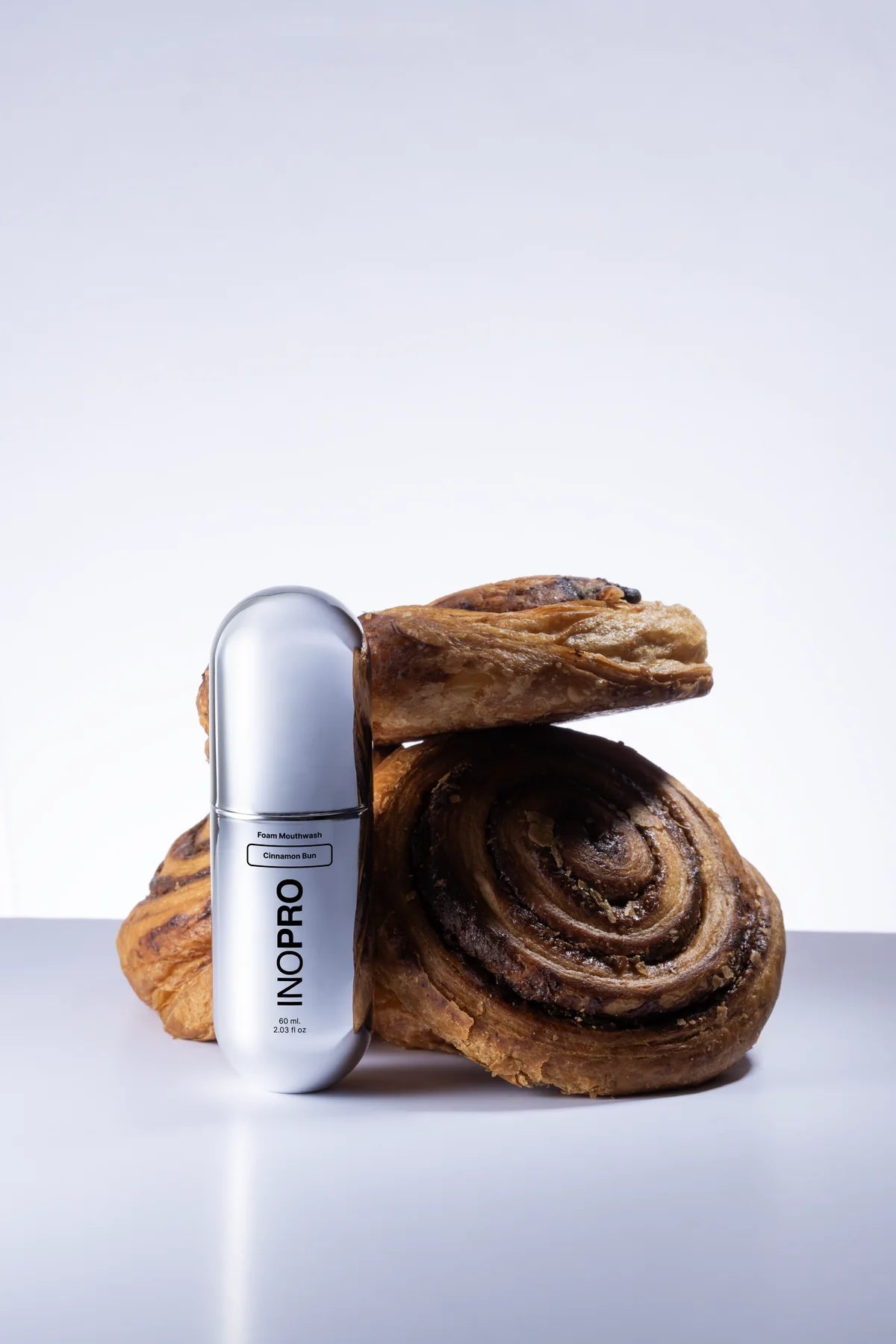 Cinnamon Bun foam mouthwash with cinnamon rolls
