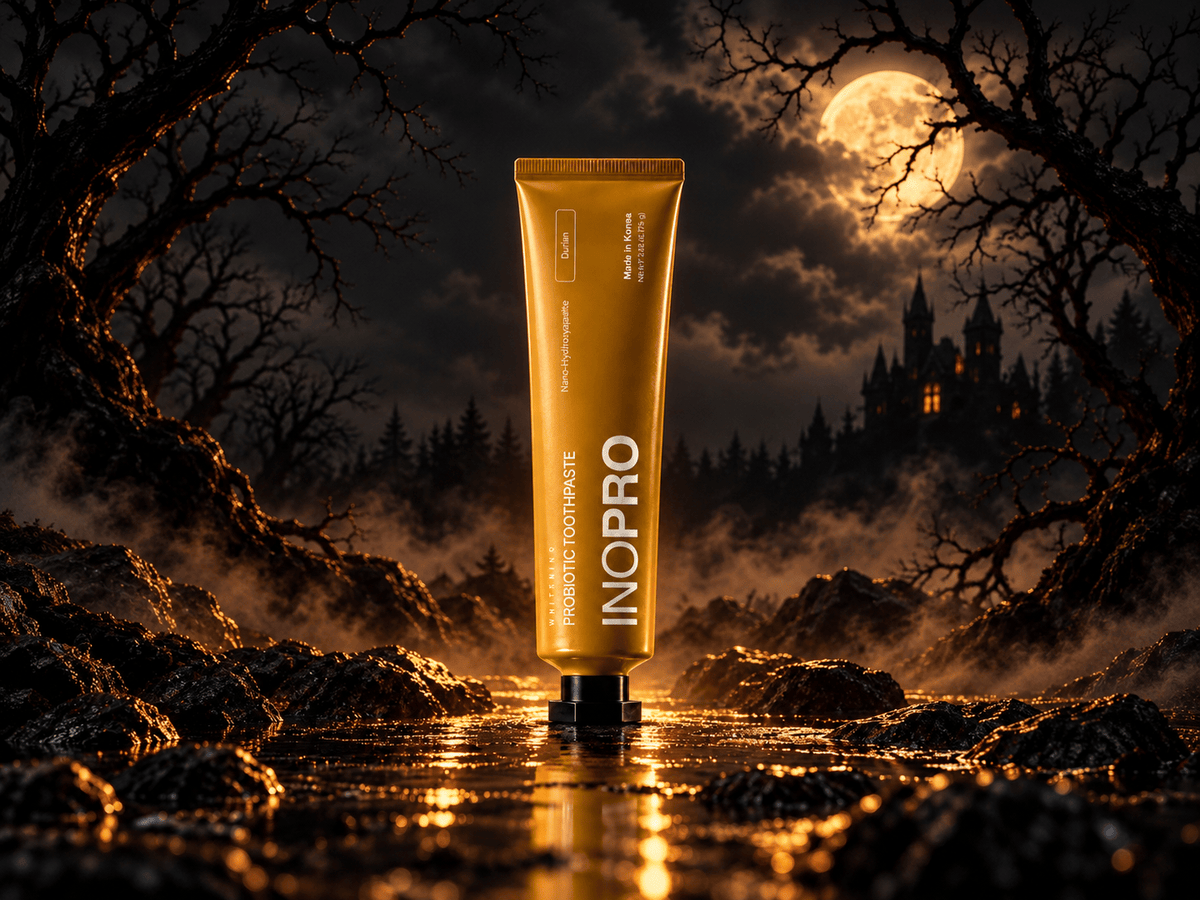 INOPRO Durian toothpaste in a moonlit Halloween scene